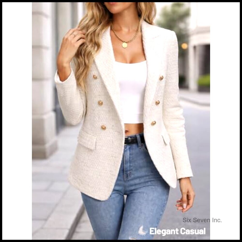 Women's Tweed Plaid Blazer Slim Fit Fully Lined Business Casual Jacket - Picture 3 of 7